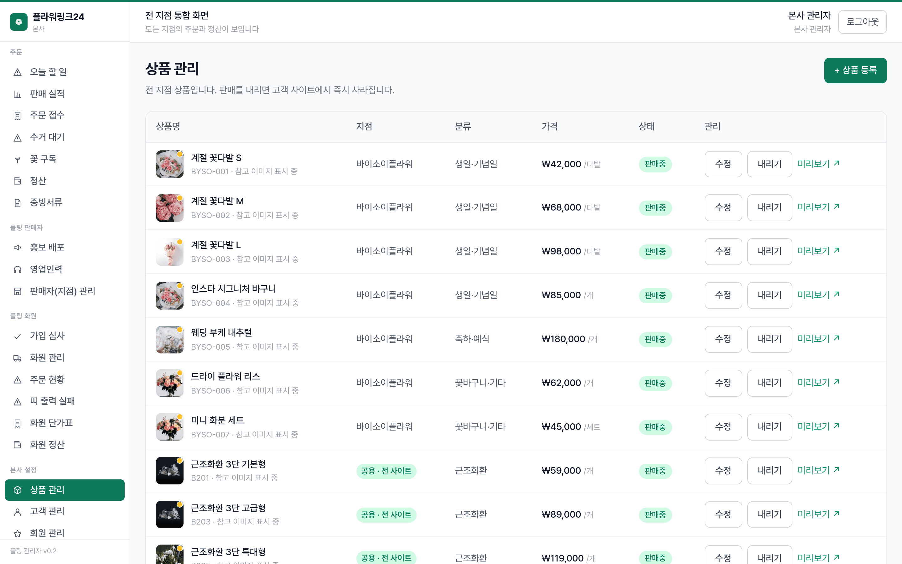 플라워링크24 관리자: 상품은 공용 카탈로그를 함께 쓴다