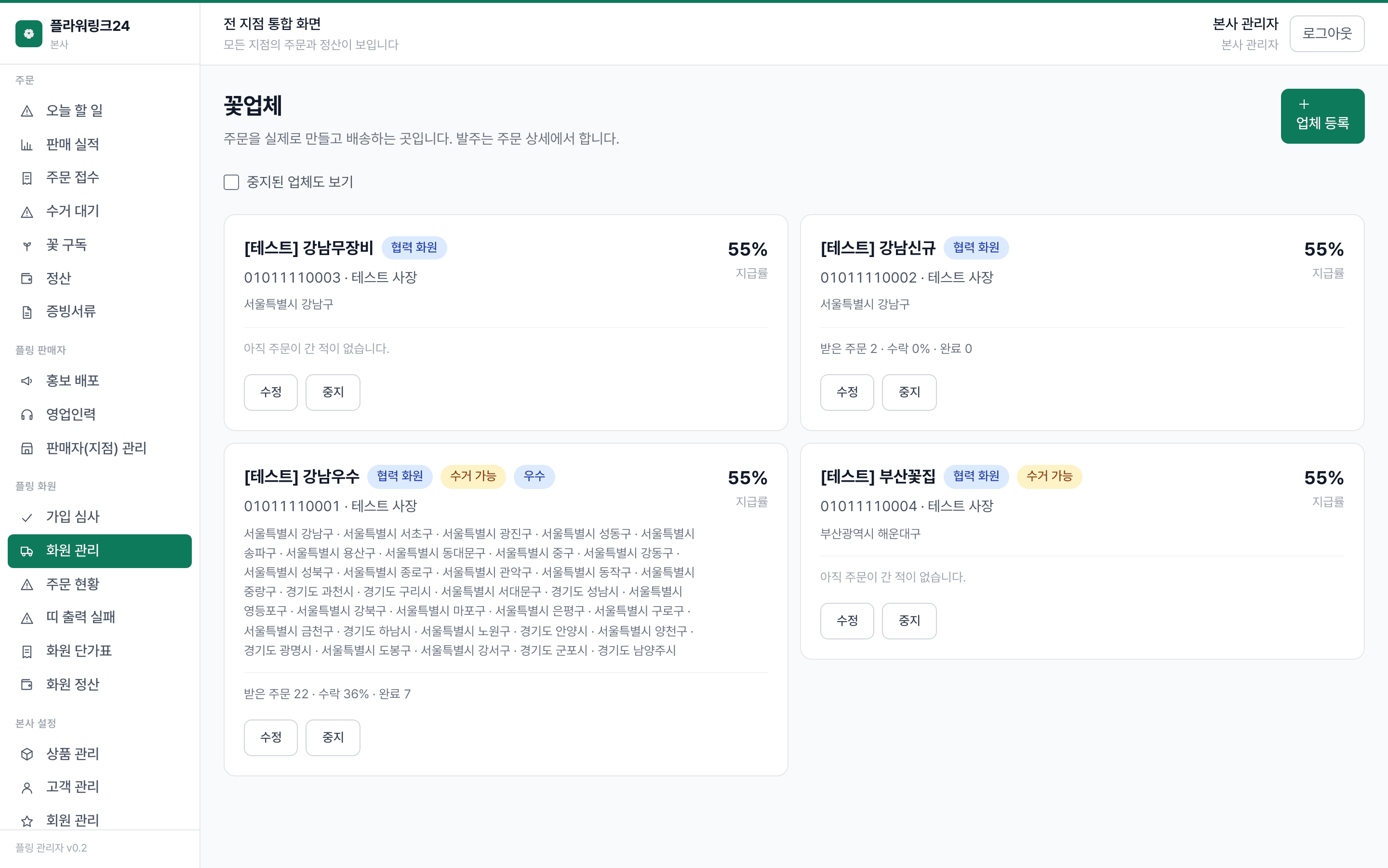 플라워링크24 관리자: 전국 화원을 등급과 지역으로 관리한다